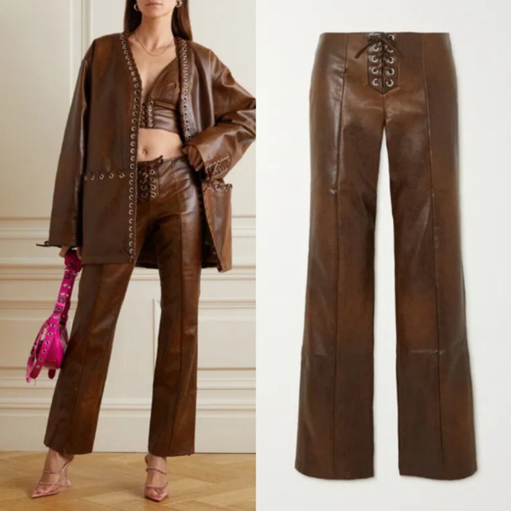 Rotate Birger Christensen NEW Alda Lace-Up Faux Leather Straight-Leg Pants Rodeo